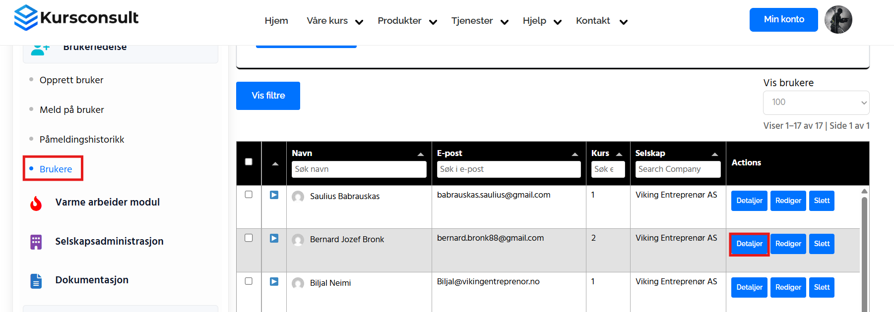 Brukeroversikt for admin