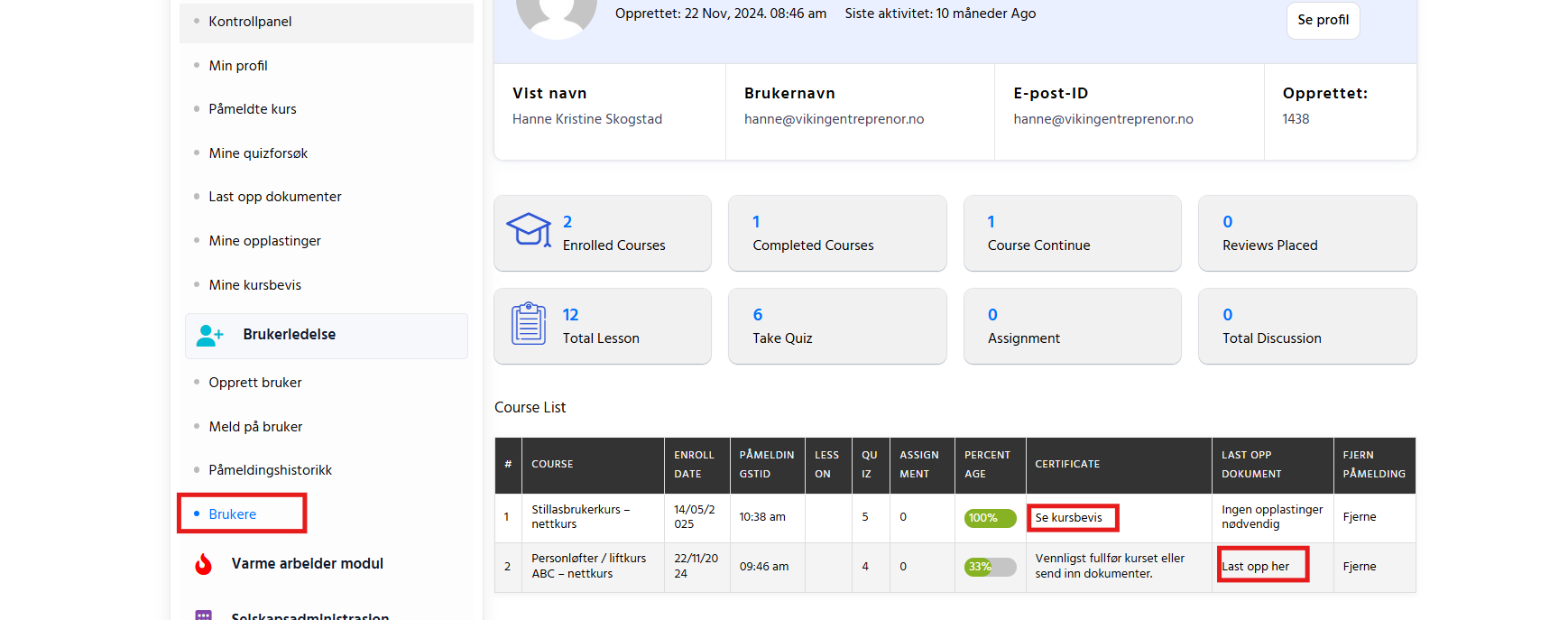 Detaljvisning på bruker