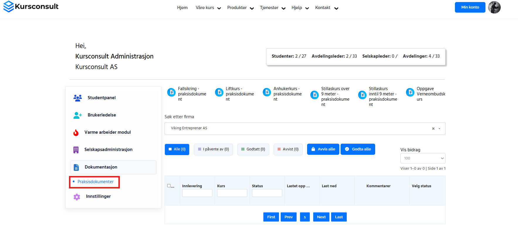 Status for innleveringer og praksisdokumenter