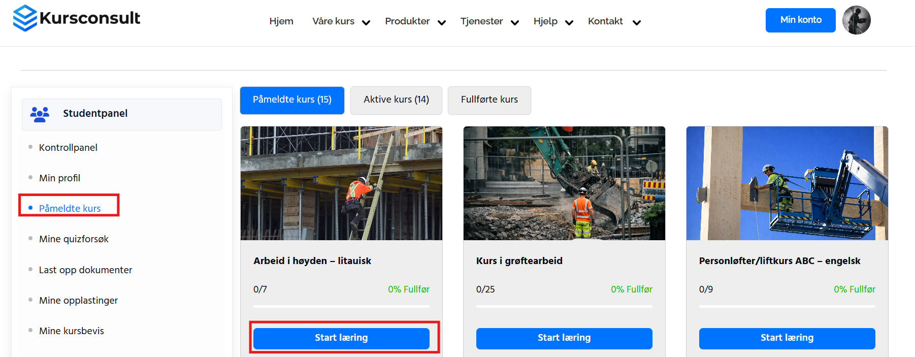 Oversikt over kurs og startknapp
